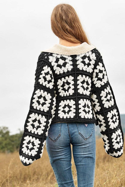 Davi & Dani Two-Tone Floral Square Crochet Open Knit Cardigan - us.meeeshop