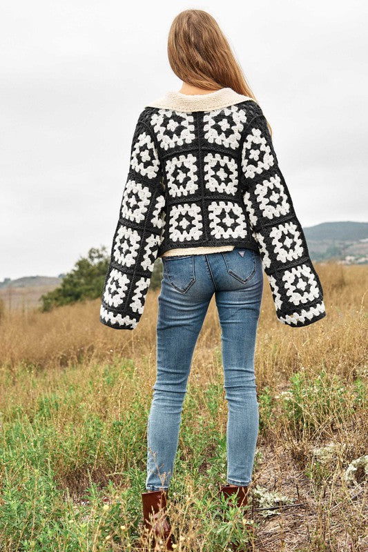 Davi & Dani Two-Tone Floral Square Crochet Open Knit Cardigan - us.meeeshop