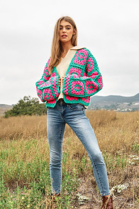 Davi & Dani Two-Tone Floral Square Crochet Open Knit Cardigan - us.meeeshop