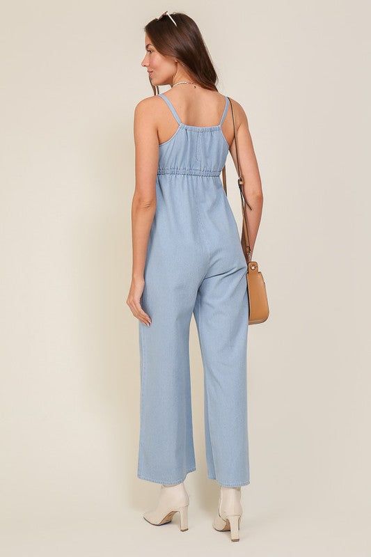 Denim Blue Sleeveless Jumpsuit With Self Front Tie us.meeeshop - Jumpsuits & Rompers