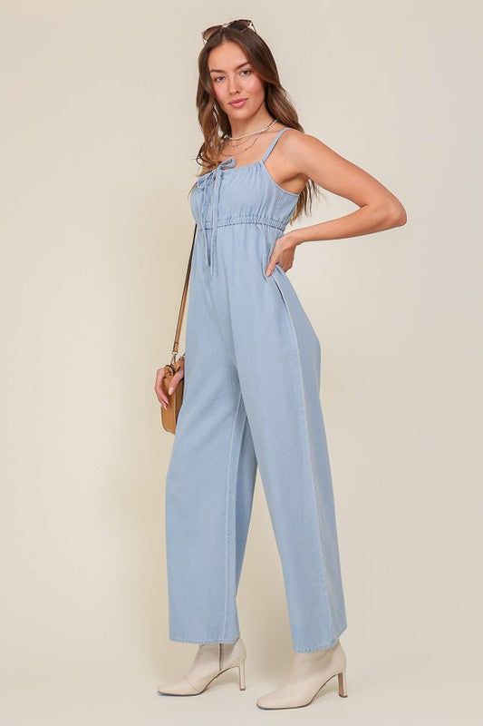 Denim Blue Sleeveless Jumpsuit With Self Front Tie us.meeeshop - 