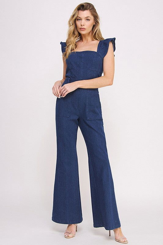 Denim Ruffle Flare Leg Jumpsuit us.meeeshop - 