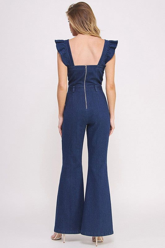 Denim Ruffle Flare Leg Jumpsuit us.meeeshop - 