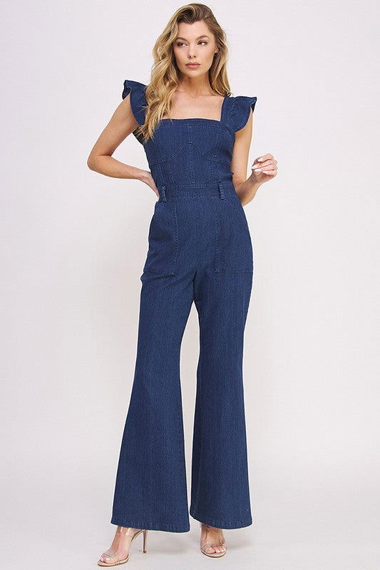 Denim Ruffle Flare Leg Jumpsuit us.meeeshop - 