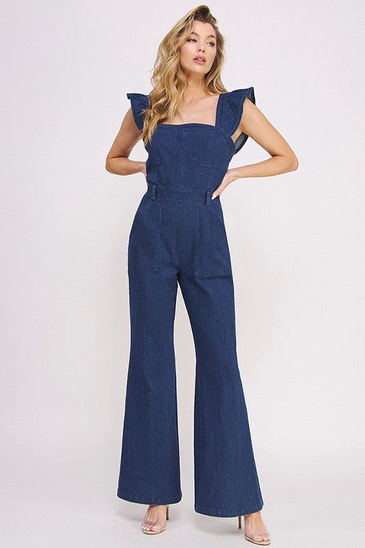 Denim Ruffle Flare Leg Jumpsuit us.meeeshop - 