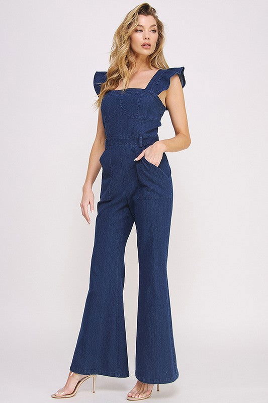 Denim Ruffle Flare Leg Jumpsuit us.meeeshop - 