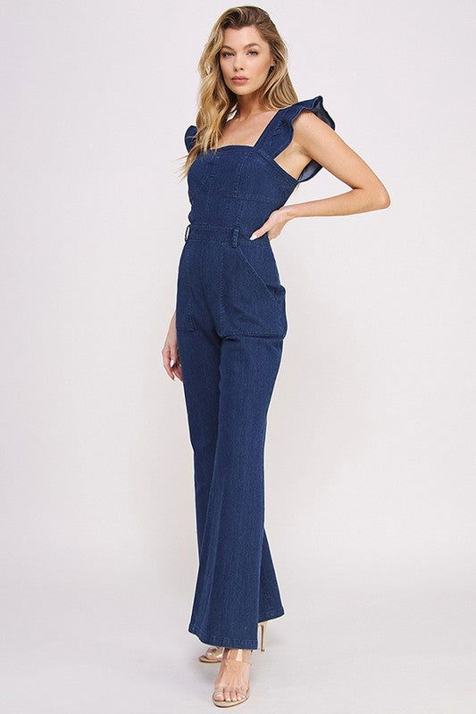 Denim Ruffle Flare Leg Jumpsuit us.meeeshop - 