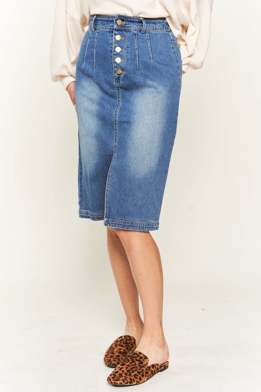 Denim button down front midi skirt us.meeeshop - 