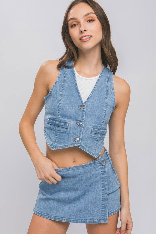 Love Tree Denim Buttoned Vest Top - us.meeeshop