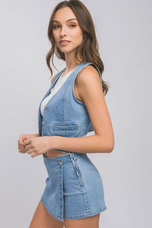 Love Tree Denim Buttoned Vest Top - us.meeeshop