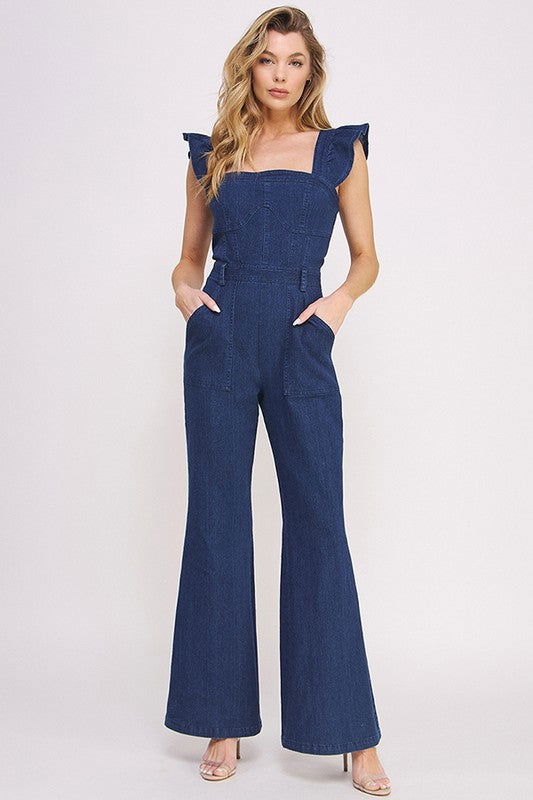 Denim Ruffle Flare Leg Jumpsuit - us.meeeshop