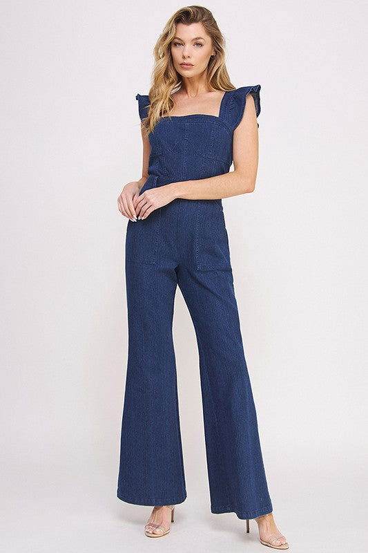 Denim Ruffle Flare Leg Jumpsuit - us.meeeshop