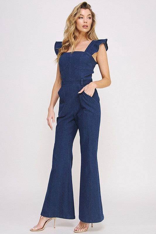 Denim Ruffle Flare Leg Jumpsuit - us.meeeshop