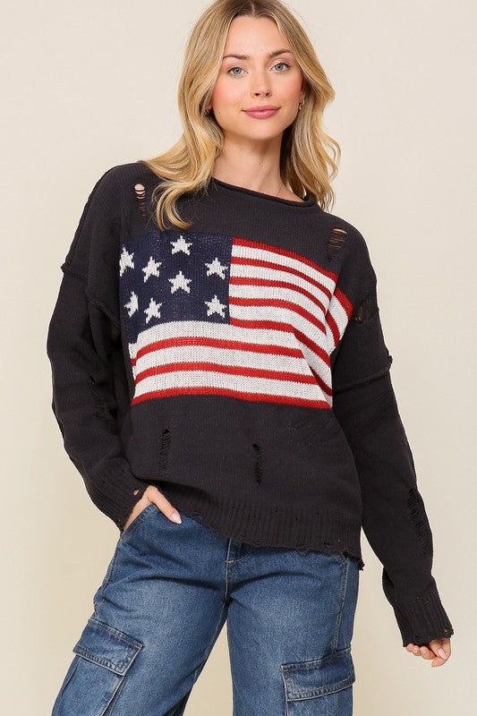 Distressed USA Logo Sweater us.meeeshop - Shirts & Tops