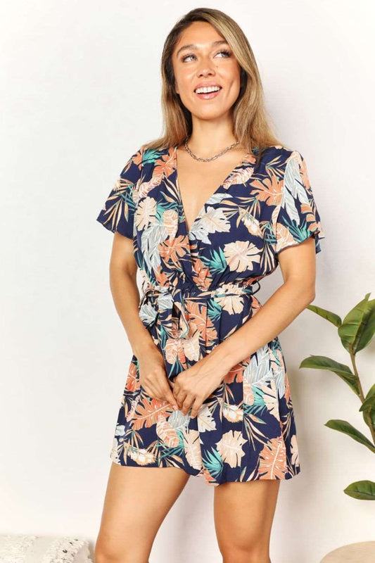 Double Take Botanical Print Surplice Neck Tie Waist Romper us.meeeshop - Jumpsuits & Rompers