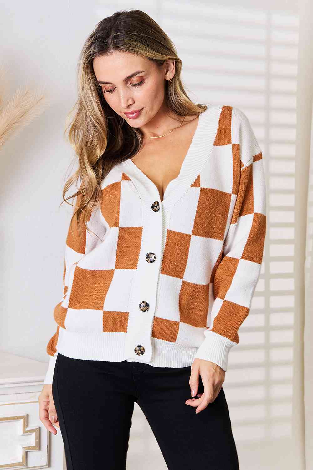 Double Take Button-Up V-Neck Dropped Shoulder Cardigan | us.meeeshop