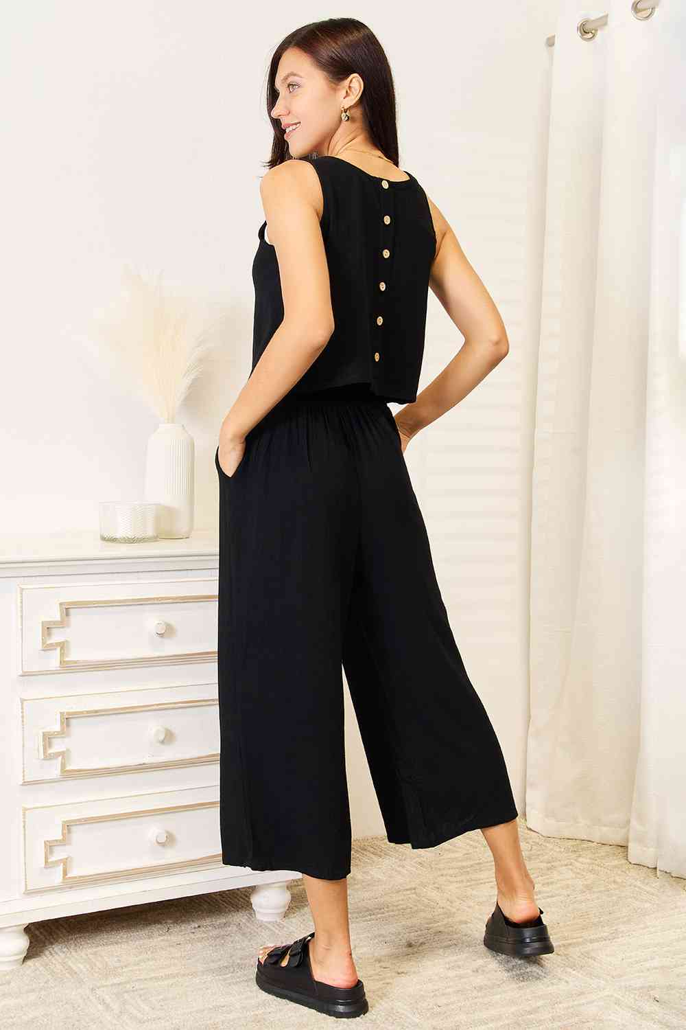 Double Take Buttoned Round Neck Tank and Wide Leg Pants Set | us.meeeshop