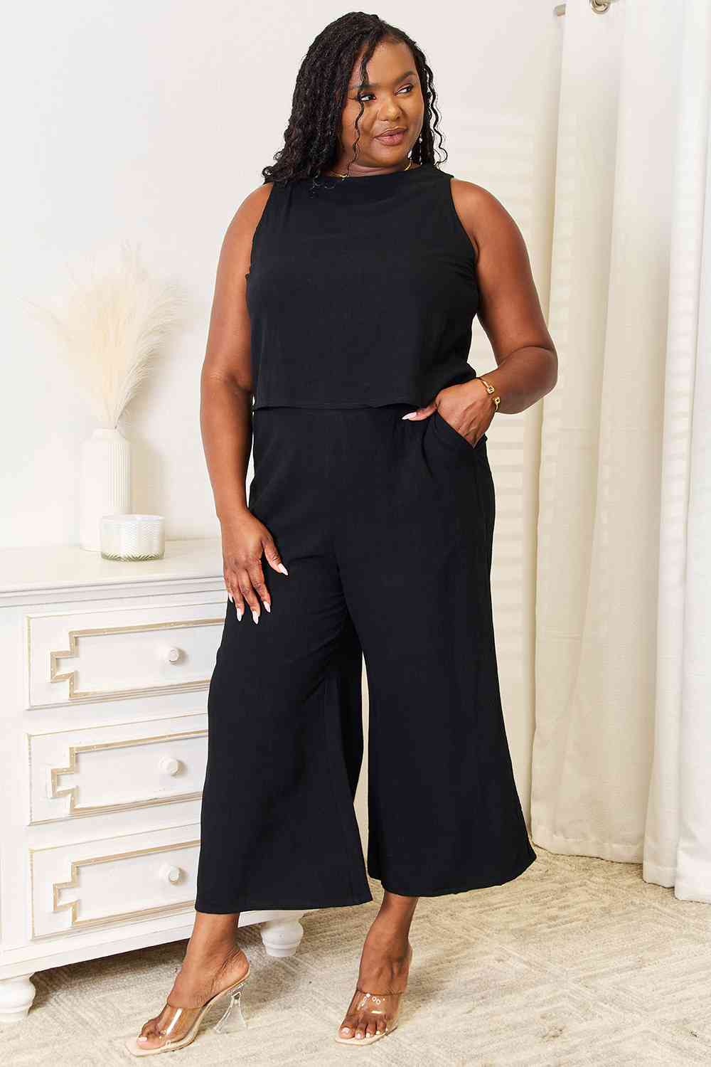 Double Take Buttoned Round Neck Tank and Wide Leg Pants Set | us.meeeshop