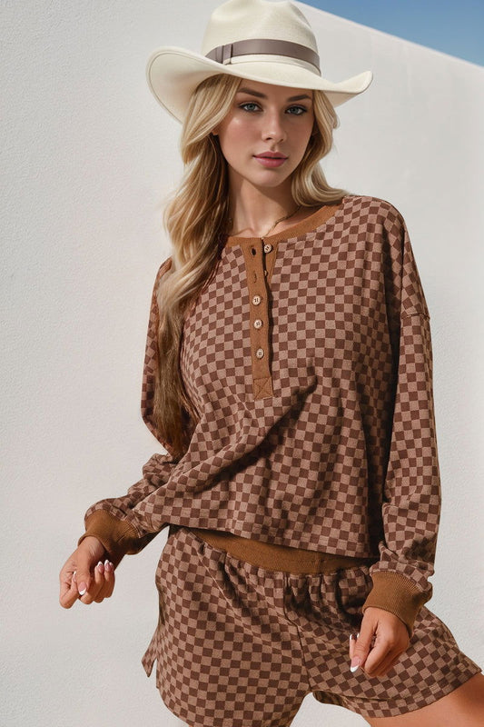 Double Take Checkered Half Button Top and Shorts Set us.meeeshop - Loungewear