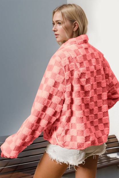 Double Take Checkered Long Sleeve Fuzzy Jacket us.meeeshop - 