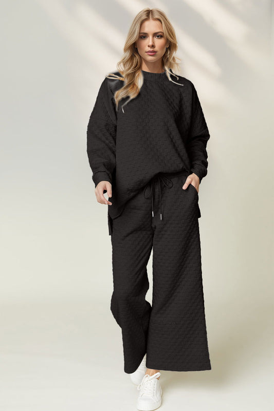 Double Take Checkered Slit High-Low Round Neck Top and Wide Leg Pants Set us.meeeshop - Loungewear