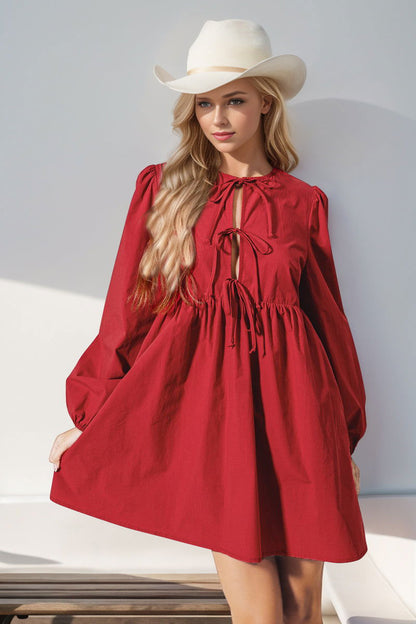 Double Take Christmas Front Tied Long Sleeve Mini Dress us.meeeshop - Dresses