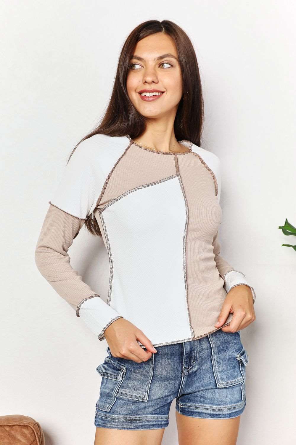 Double Take Color Block Exposed Seam Top us.meeeshop - 