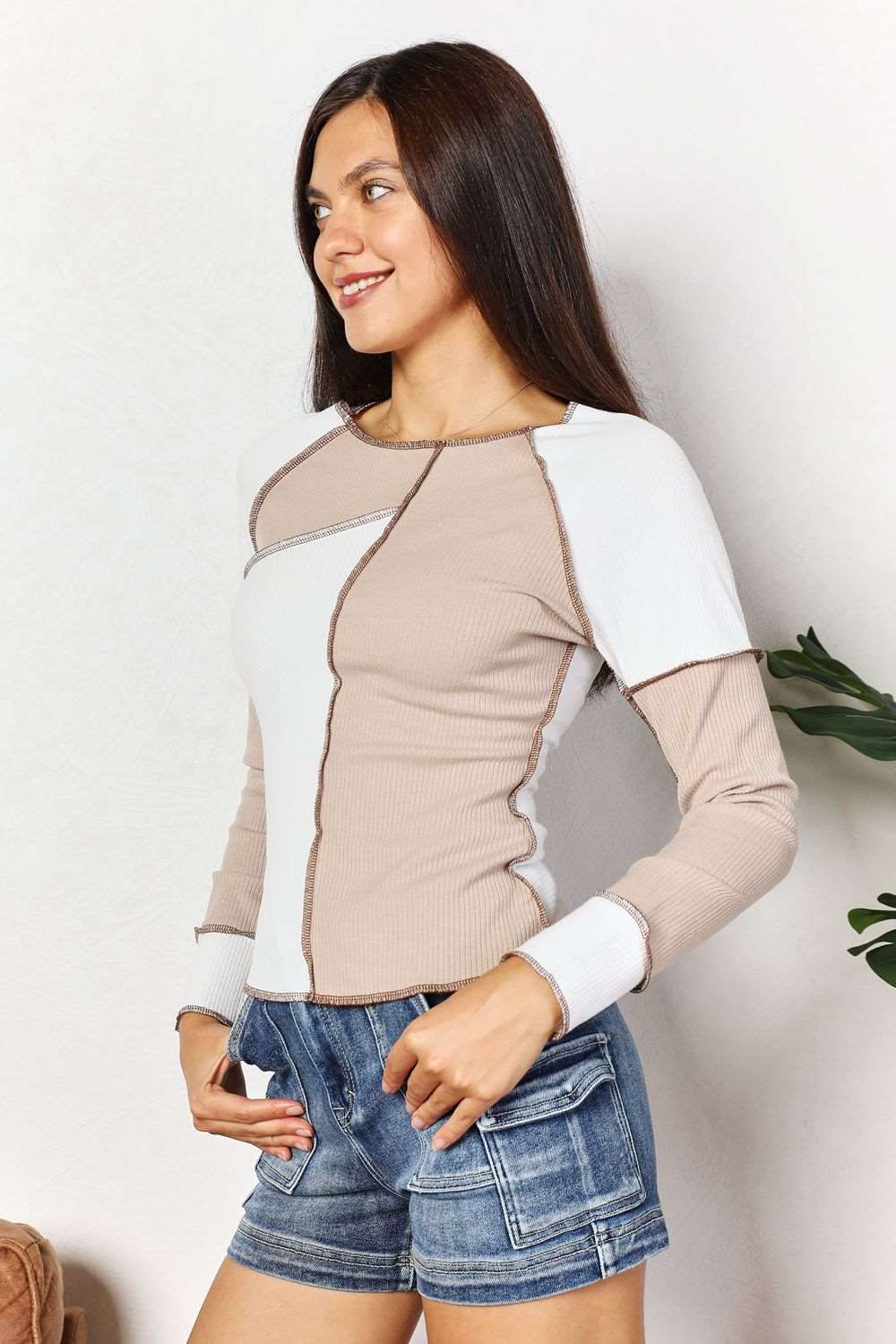 Double Take Color Block Exposed Seam Top us.meeeshop - 