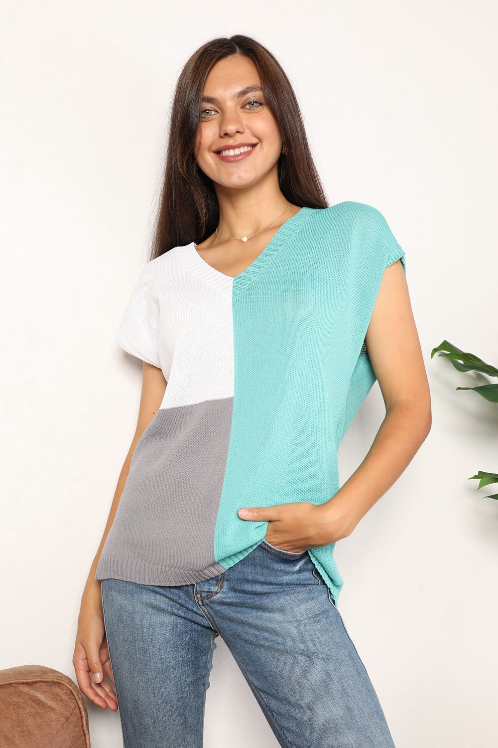 Double Take Color Block V-Neck Knit Top us.meeeshop - 