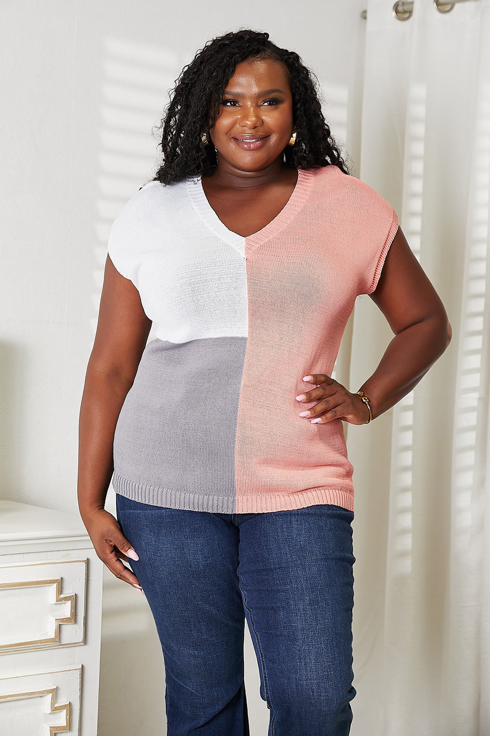 Double Take Color Block V-Neck Knit Top | us.meeeshop