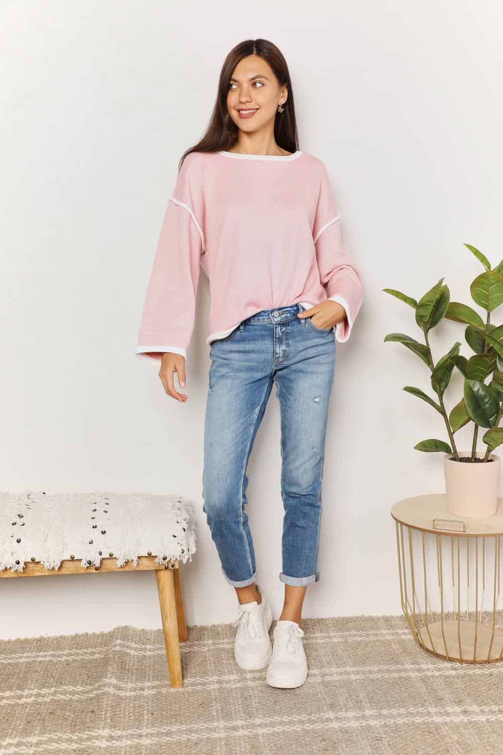 Double Take Contrast Detail Dropped Shoulder Knit Top us.meeeshop - 