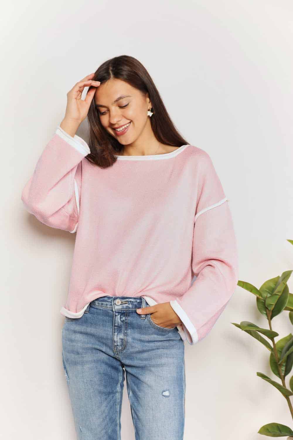 Double Take Contrast Detail Dropped Shoulder Knit Top us.meeeshop - 