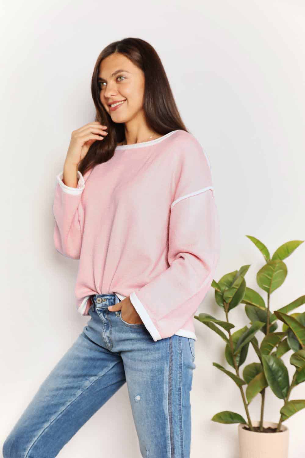 Double Take Contrast Detail Dropped Shoulder Knit Top | us.meeeshop