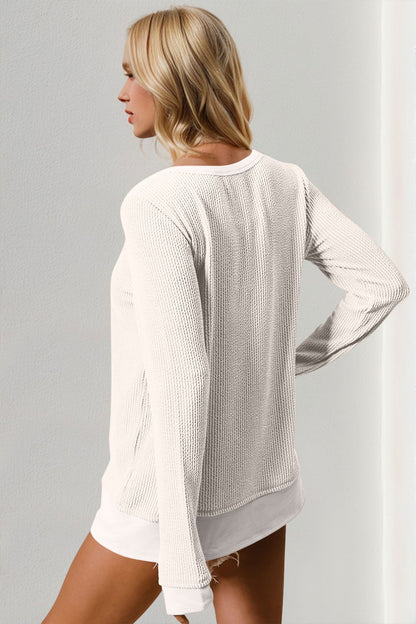 Double Take Corded Rib Thumbhole Cuff Round Neck T-Shirt us.meeeshop - 