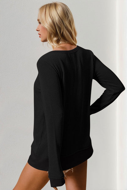 Double Take Corded Rib Thumbhole Cuff Round Neck T-Shirt us.meeeshop - 