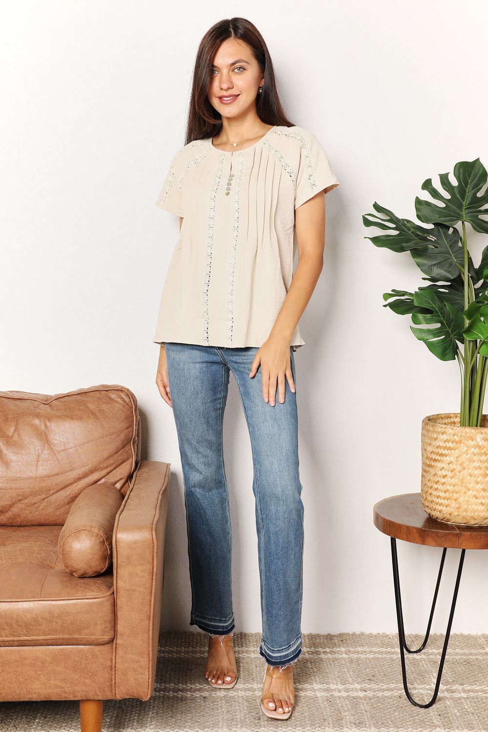 Double Take Crochet Buttoned Short Sleeves Top us.meeeshop - 