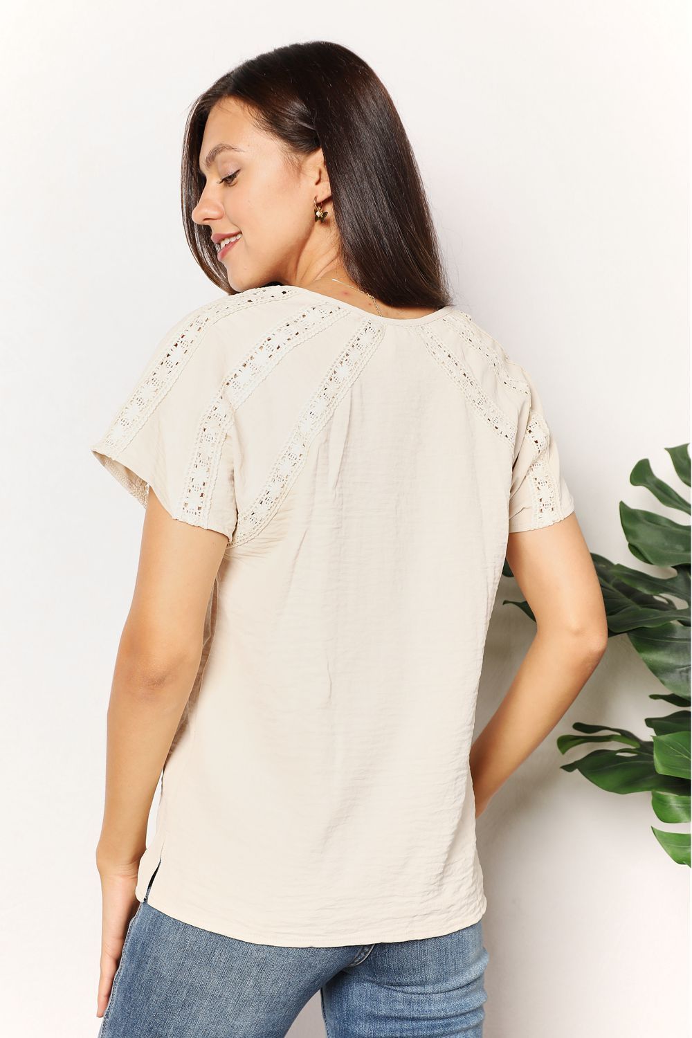 Double Take Crochet Buttoned Short Sleeves Top us.meeeshop - 