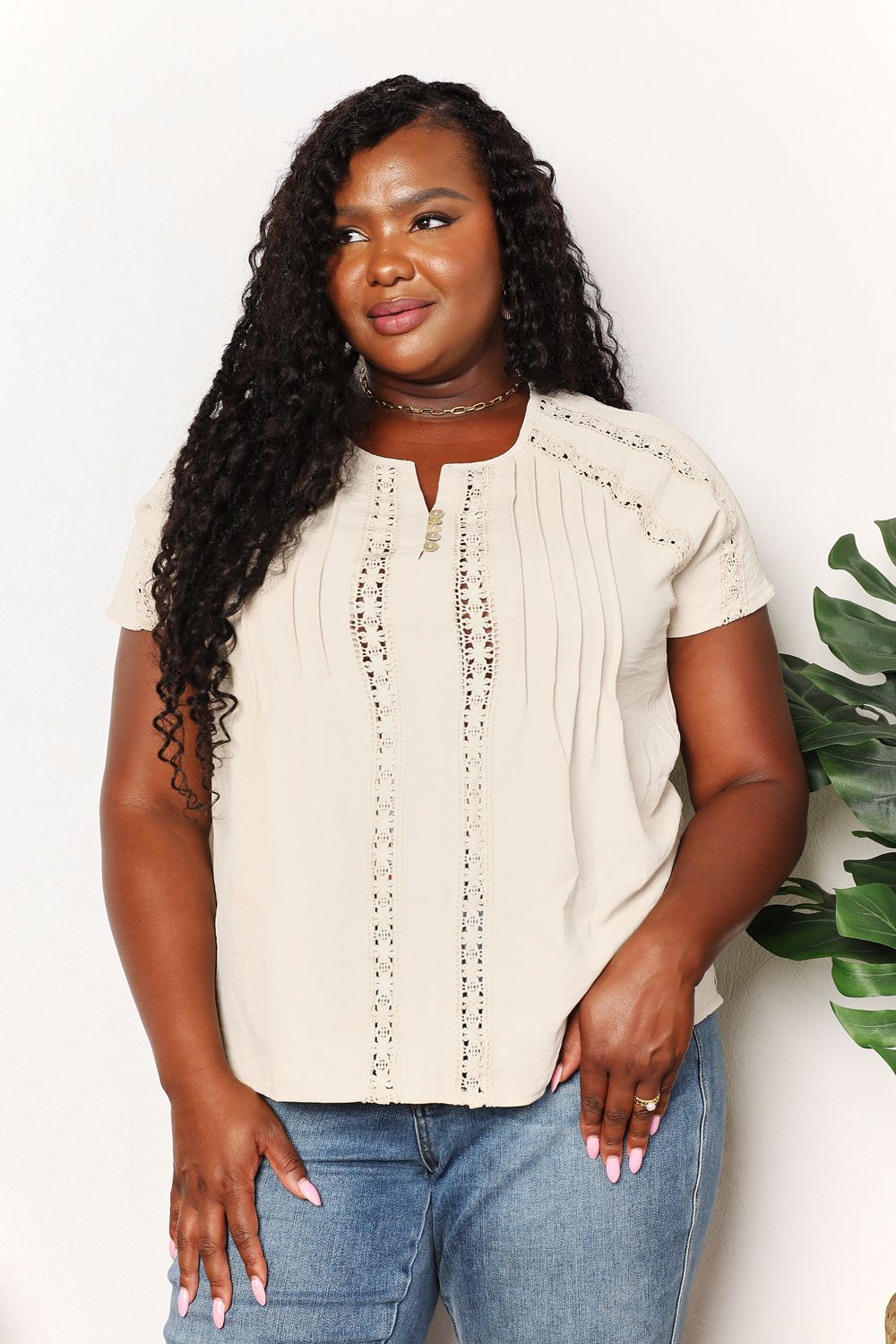 Double Take Crochet Buttoned Short Sleeves Top | us.meeeshop