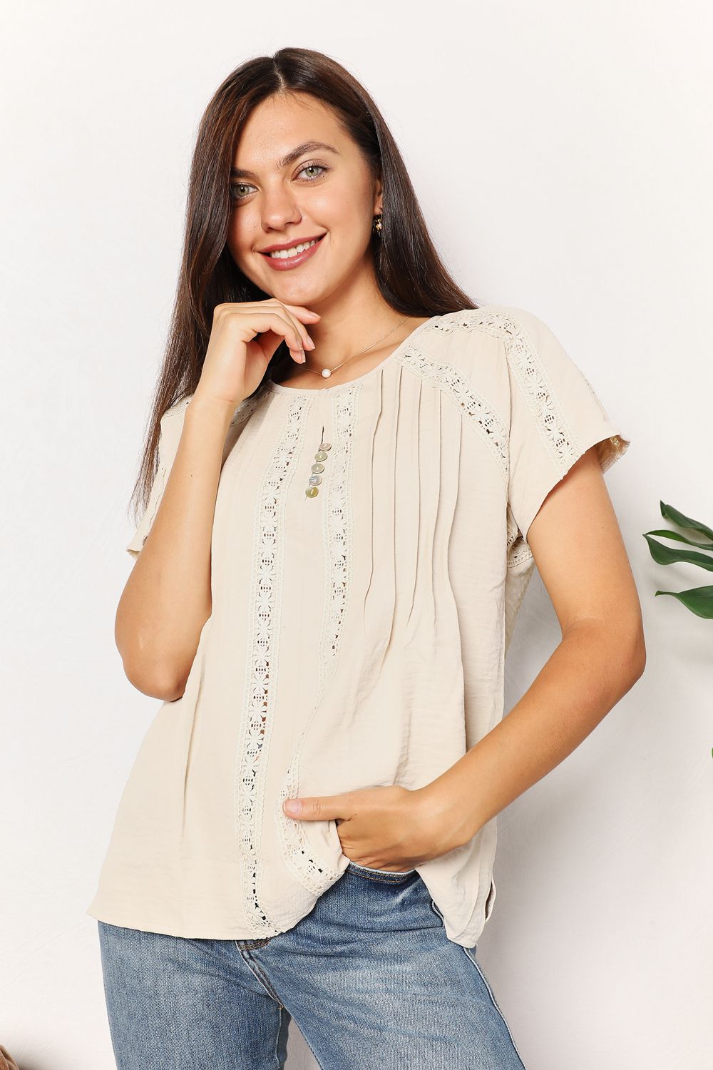 Double Take Crochet Buttoned Short Sleeves Top | us.meeeshop