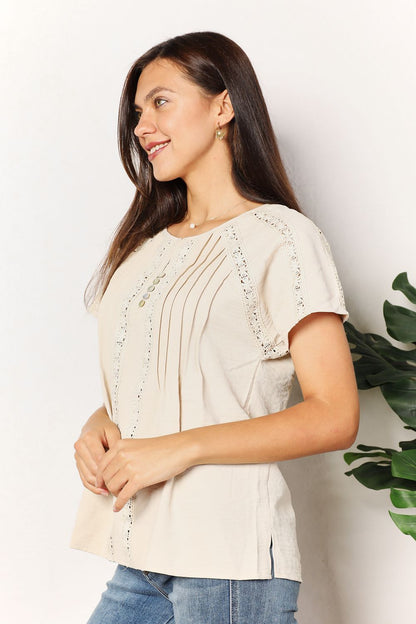 Double Take Crochet Buttoned Short Sleeves Top us.meeeshop - 