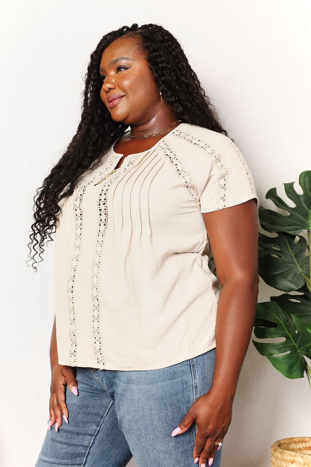 Double Take Crochet Buttoned Short Sleeves Top us.meeeshop - 