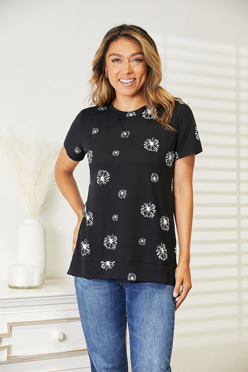 Double Take Dandelion Print Round Neck T-Shirt us.meeeshop - 