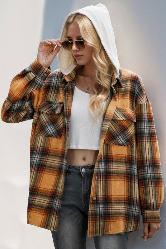 Double Take Drawstring Plaid Long Sleeve Hooded Shacket us.meeeshop - Coats & Jackets