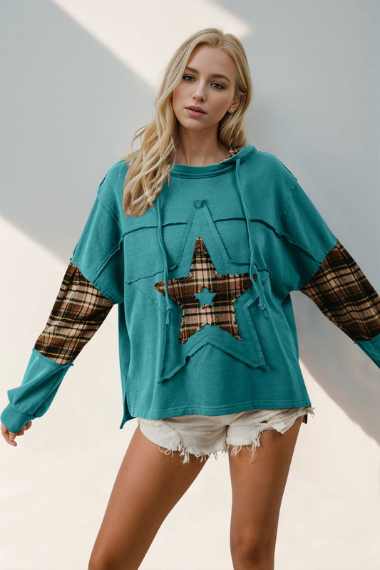 Double Take Drawstring Plaid Star Patch Long Sleeve Hoodie us.meeeshop - Shirts & Tops