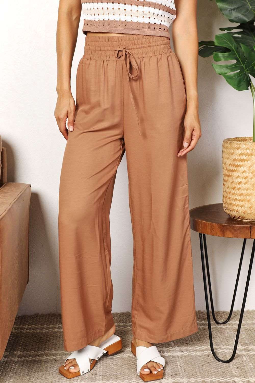 Double Take Drawstring Smocked Waist Wide Leg Pants us.meeeshop - Pants