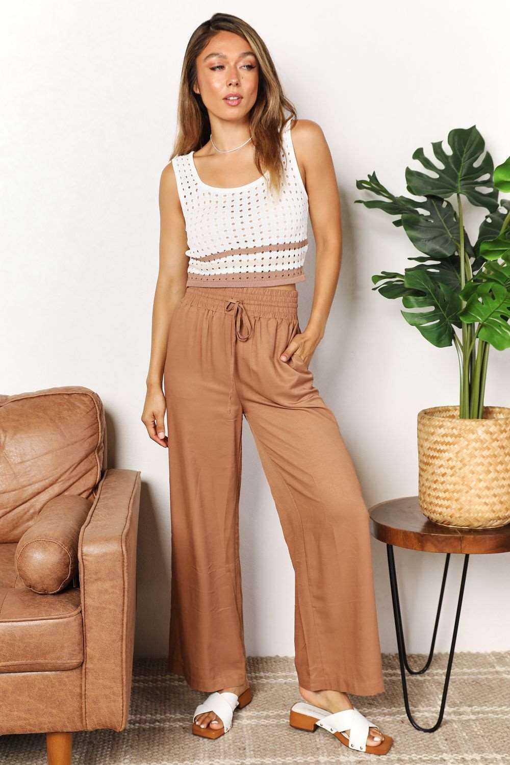 Double Take Drawstring Smocked Waist Wide Leg Pants us.meeeshop - 