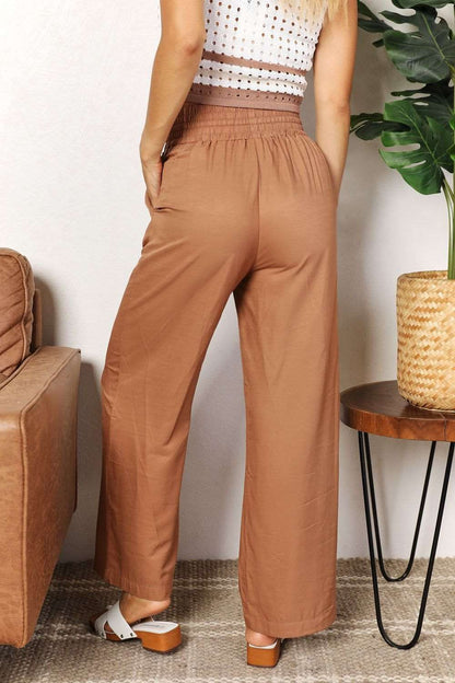 Double Take Drawstring Smocked Waist Wide Leg Pants us.meeeshop - 