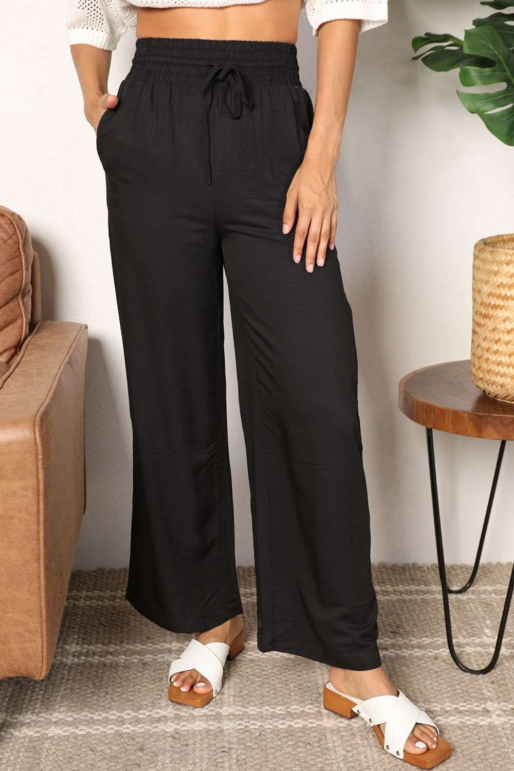 Double Take Drawstring Smocked Waist Wide Leg Pants us.meeeshop - 