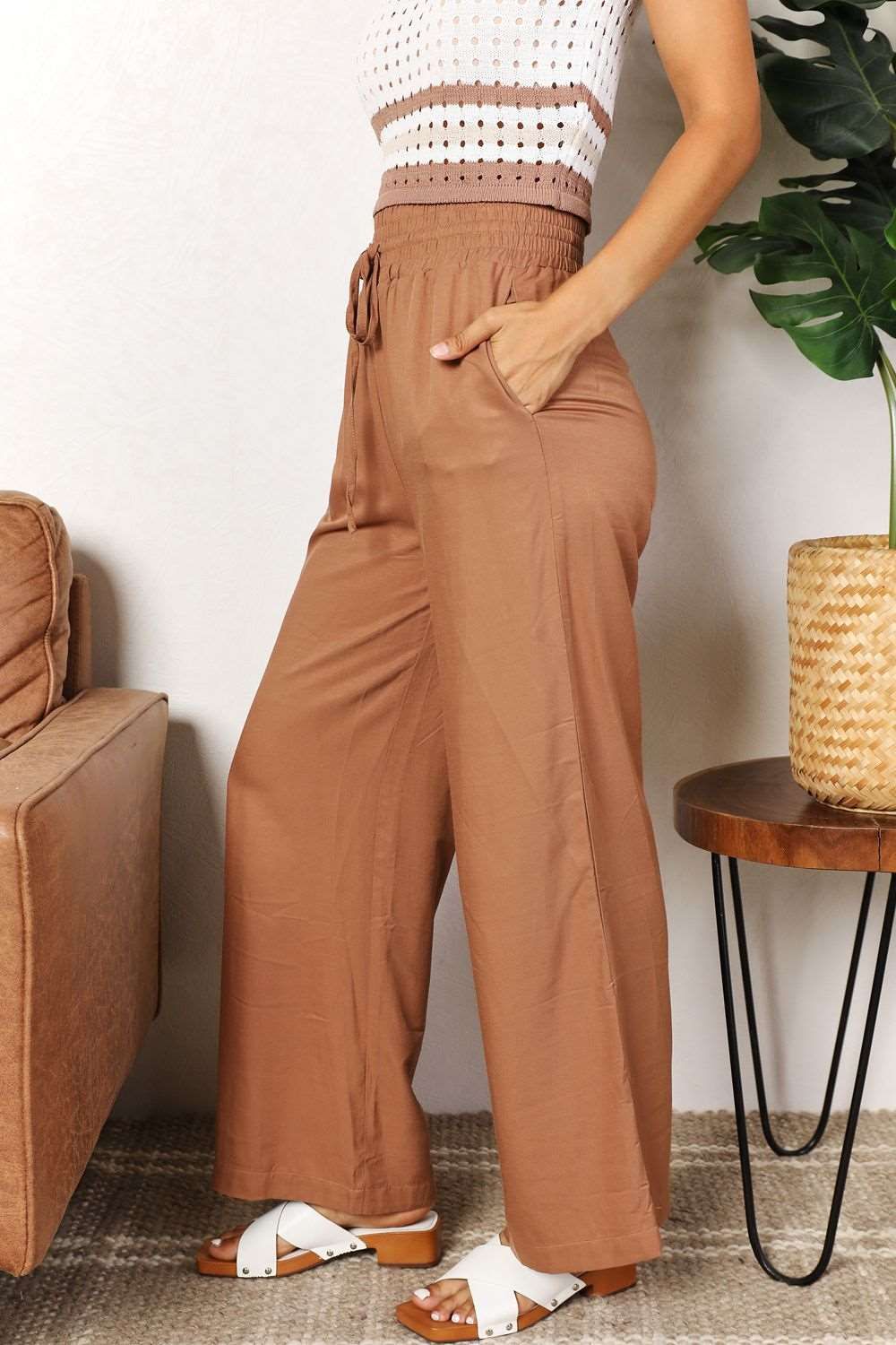 Double Take Drawstring Smocked Waist Wide Leg Pants us.meeeshop - 