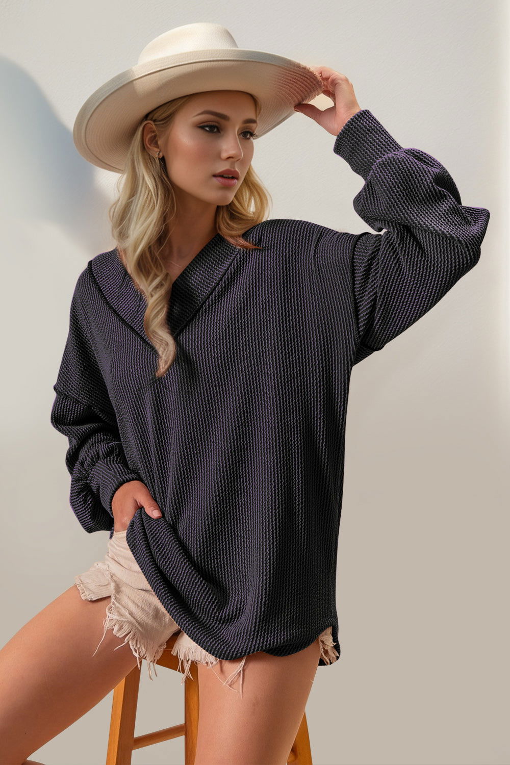 Double Take Exposed Seam Ribbed Textured V-Neck Long Sleeve T-Shirt us.meeeshop - 